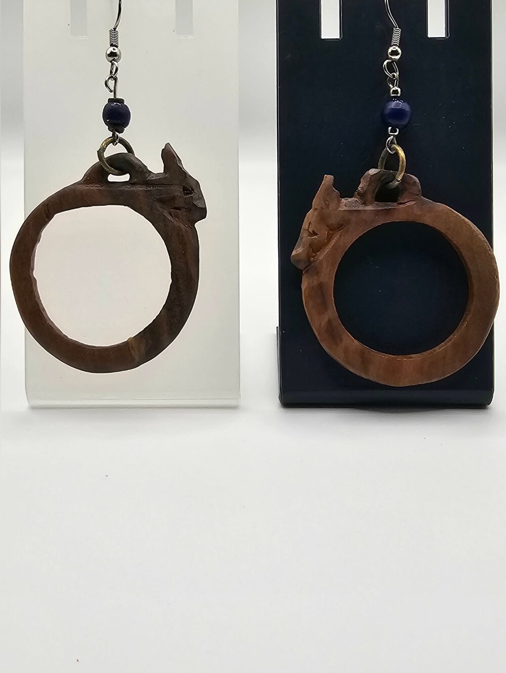 Hand-Carved Dragon Sandlewood Hoop Earrings with Blue Bead Accent